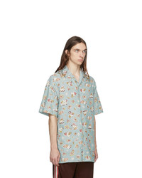 hellblaues bedrucktes Chambray Kurzarmhemd von Gucci