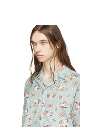 hellblaues bedrucktes Chambray Kurzarmhemd von Gucci