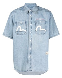 hellblaues bedrucktes Jeans Kurzarmhemd von Evisu