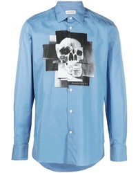 hellblaues bedrucktes Langarmhemd von Alexander McQueen