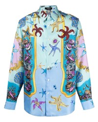 hellblaues bedrucktes Langarmhemd von Versace