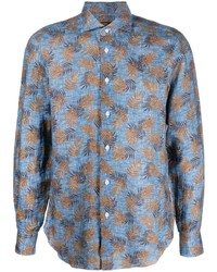 hellblaues bedrucktes Leinen Langarmhemd von Barba
