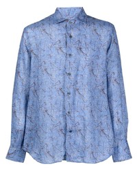 hellblaues bedrucktes Leinen Langarmhemd von Corneliani