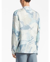 hellblaues bedrucktes Leinen Langarmhemd von Zegna