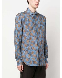 hellblaues bedrucktes Leinen Langarmhemd von Barba