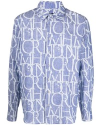 hellblaues bedrucktes Leinen Langarmhemd von John Richmond
