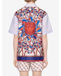 hellblaues bedrucktes Seide Kurzarmhemd von Gucci