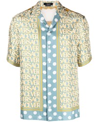 hellblaues bedrucktes Seide Kurzarmhemd von Versace