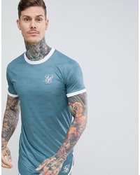 hellblaues bedrucktes Seide T-Shirt mit einem Rundhalsausschnitt