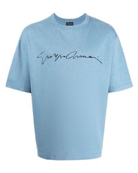 hellblaues bedrucktes Seide T-Shirt mit einem Rundhalsausschnitt von Giorgio Armani