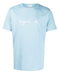 hellblaues bedrucktes T-Shirt mit einem Rundhalsausschnitt von agnès b.