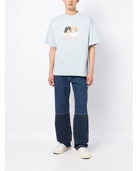 hellblaues bedrucktes T-Shirt mit einem Rundhalsausschnitt von Fiorucci