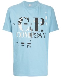 hellblaues bedrucktes T-Shirt mit einem Rundhalsausschnitt von C.P. Company