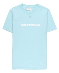 hellblaues bedrucktes T-Shirt mit einem Rundhalsausschnitt von Courrèges