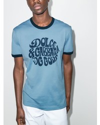 hellblaues bedrucktes T-Shirt mit einem Rundhalsausschnitt von Dolce & Gabbana