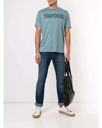 hellblaues bedrucktes T-Shirt mit einem Rundhalsausschnitt von Emporio Armani