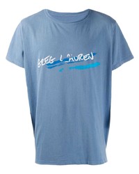 hellblaues bedrucktes T-Shirt mit einem Rundhalsausschnitt von Greg Lauren