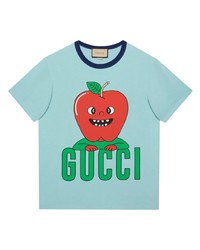 hellblaues bedrucktes T-Shirt mit einem Rundhalsausschnitt von Gucci