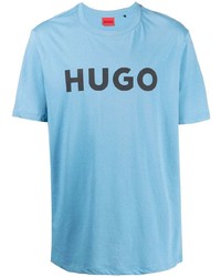 hellblaues bedrucktes T-Shirt mit einem Rundhalsausschnitt von Hugo