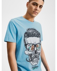 hellblaues bedrucktes T-Shirt mit einem Rundhalsausschnitt von Jack & Jones