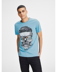 hellblaues bedrucktes T-Shirt mit einem Rundhalsausschnitt von Jack & Jones