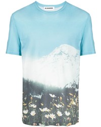 hellblaues bedrucktes T-Shirt mit einem Rundhalsausschnitt von Jil Sander