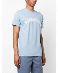 hellblaues bedrucktes T-Shirt mit einem Rundhalsausschnitt von Pleasures