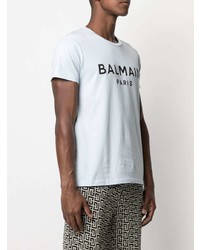 hellblaues bedrucktes T-Shirt mit einem Rundhalsausschnitt von Balmain