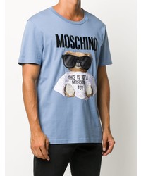 hellblaues bedrucktes T-Shirt mit einem Rundhalsausschnitt von Moschino