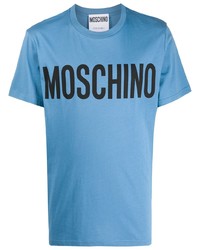 hellblaues bedrucktes T-Shirt mit einem Rundhalsausschnitt von Moschino