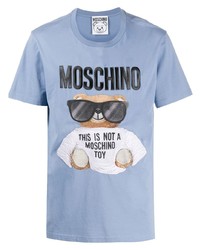 hellblaues bedrucktes T-Shirt mit einem Rundhalsausschnitt von Moschino