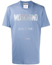 hellblaues bedrucktes T-Shirt mit einem Rundhalsausschnitt von Moschino