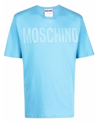 hellblaues bedrucktes T-Shirt mit einem Rundhalsausschnitt von Moschino
