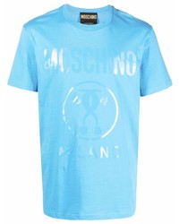 hellblaues bedrucktes T-Shirt mit einem Rundhalsausschnitt von Moschino