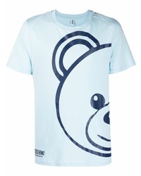 hellblaues bedrucktes T-Shirt mit einem Rundhalsausschnitt von Moschino