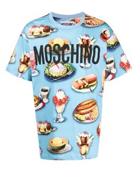 hellblaues bedrucktes T-Shirt mit einem Rundhalsausschnitt von Moschino