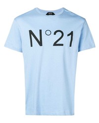 hellblaues bedrucktes T-Shirt mit einem Rundhalsausschnitt von N°21