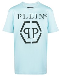 hellblaues bedrucktes T-Shirt mit einem Rundhalsausschnitt von Philipp Plein