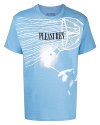 hellblaues bedrucktes T-Shirt mit einem Rundhalsausschnitt von Pleasures