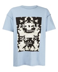 hellblaues bedrucktes T-Shirt mit einem Rundhalsausschnitt von purple brand