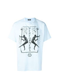 hellblaues bedrucktes T-Shirt mit einem Rundhalsausschnitt von Raf Simons