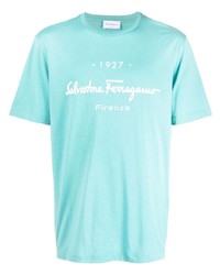 hellblaues bedrucktes T-Shirt mit einem Rundhalsausschnitt von Salvatore Ferragamo