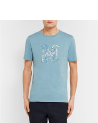 hellblaues bedrucktes T-Shirt mit einem Rundhalsausschnitt von Maison Margiela