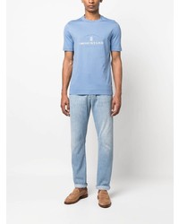 hellblaues bedrucktes T-Shirt mit einem Rundhalsausschnitt von Brunello Cucinelli