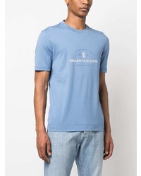 hellblaues bedrucktes T-Shirt mit einem Rundhalsausschnitt von Brunello Cucinelli