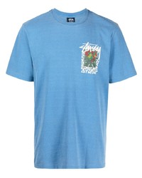 hellblaues bedrucktes T-Shirt mit einem Rundhalsausschnitt von Stussy