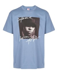 hellblaues bedrucktes T-Shirt mit einem Rundhalsausschnitt von Supreme