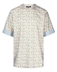 hellblaues bedrucktes T-Shirt mit einem Rundhalsausschnitt von Versace