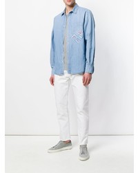 hellblaues besticktes Chambray Langarmhemd von Ermanno Scervino