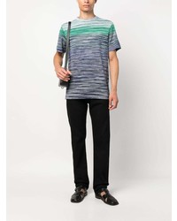 hellblaues horizontal gestreiftes T-Shirt mit einem Rundhalsausschnitt von Missoni